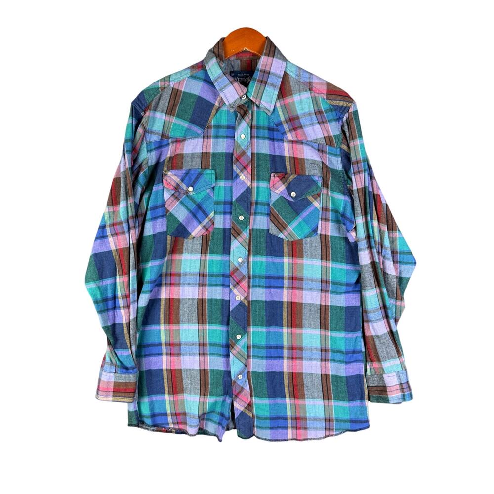Wrangler Tall Man Pearl‎ Snap Plaid Flannel Pearl Snap Rockabilly Shirt Mens XL